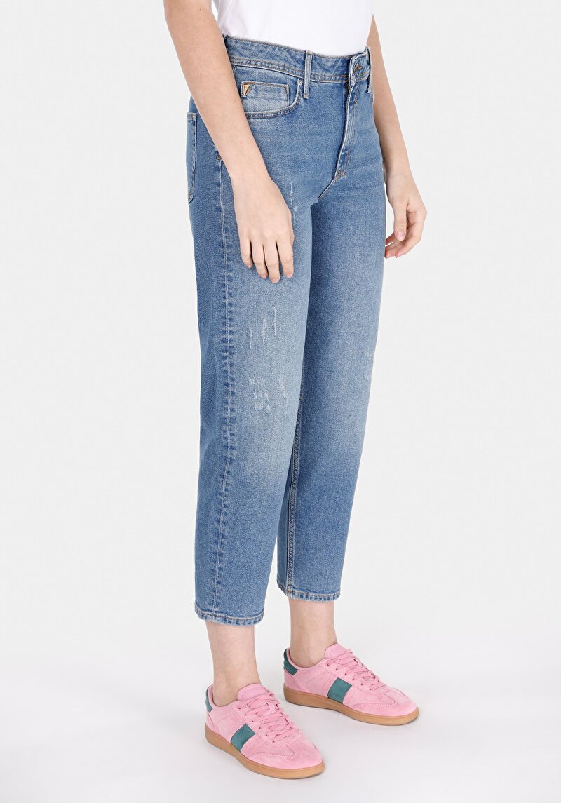 Boyfriend Fit Orta Bel Daralan Paça Kadın İndigo Jean Pantolon