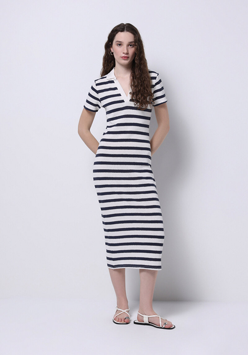 Slim Fit Çizgili Kadın Lacivert Kısa Kol Elbise