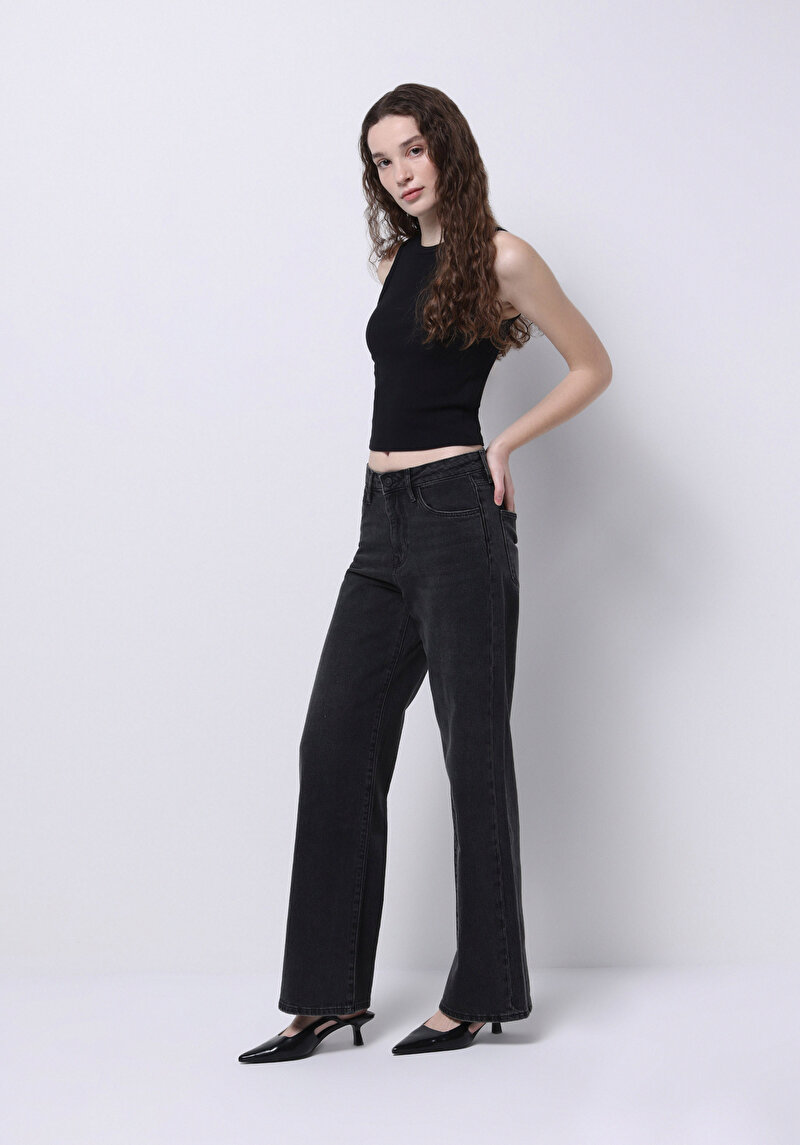 Regular Fit Yüksek Bel Geniş Paça Kadın İndigo Jean Pantolon
