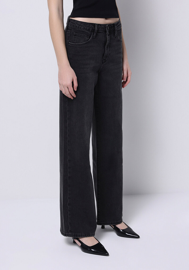 Regular Fit Yüksek Bel Geniş Paça Kadın İndigo Jean Pantolon
