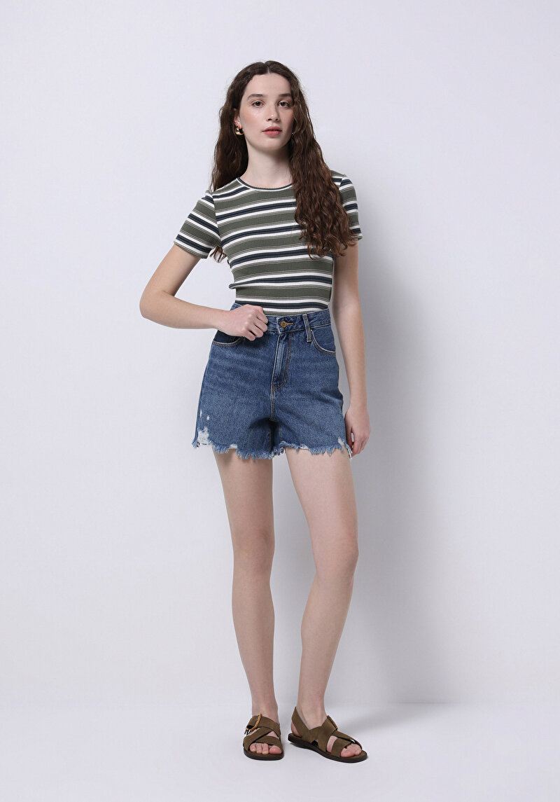 Mom Fit Yüksek Bel Düz Kadın Denim Jean Şort