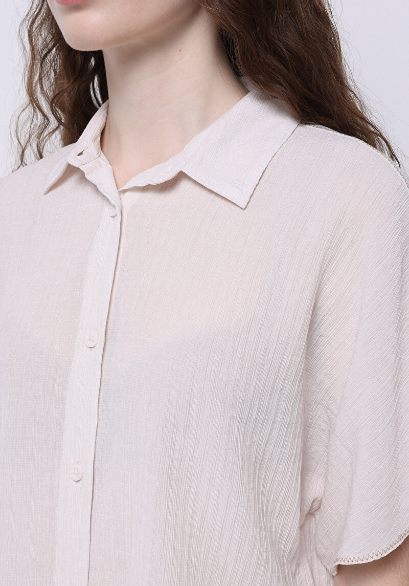 Regular Fit Shirt Neck Düz Kadın Beyaz Kısa Kol Gömlek