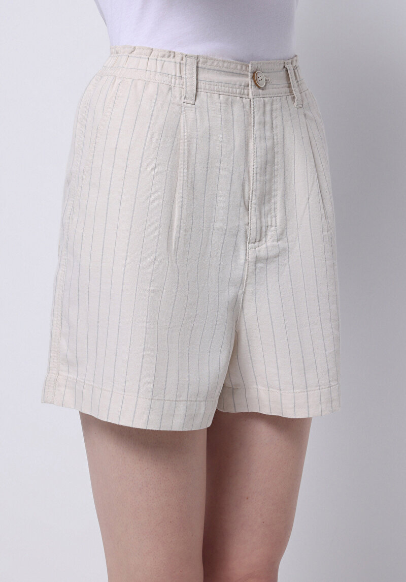 Regular Fit Yüksek Bel Çizgili Kadın Taş Şort
