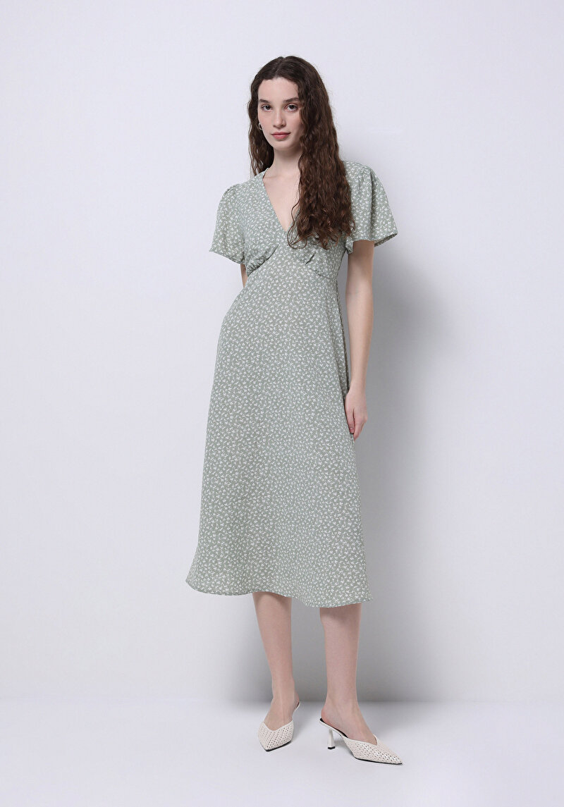 Regular Fit Kadın Çicek Desen Baskılı Yeşil Elbise