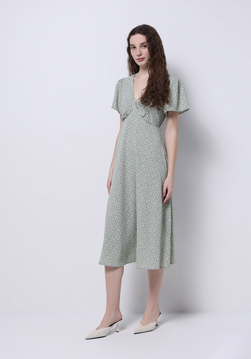 Regular Fit Kadın Çicek Desen Baskılı Yeşil Elbise