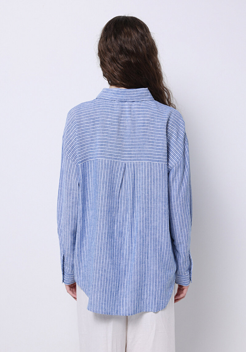 Regular Fit Shirt Neck Cepli Çizgili Kadın Mavi Uzun Kol Gömlek