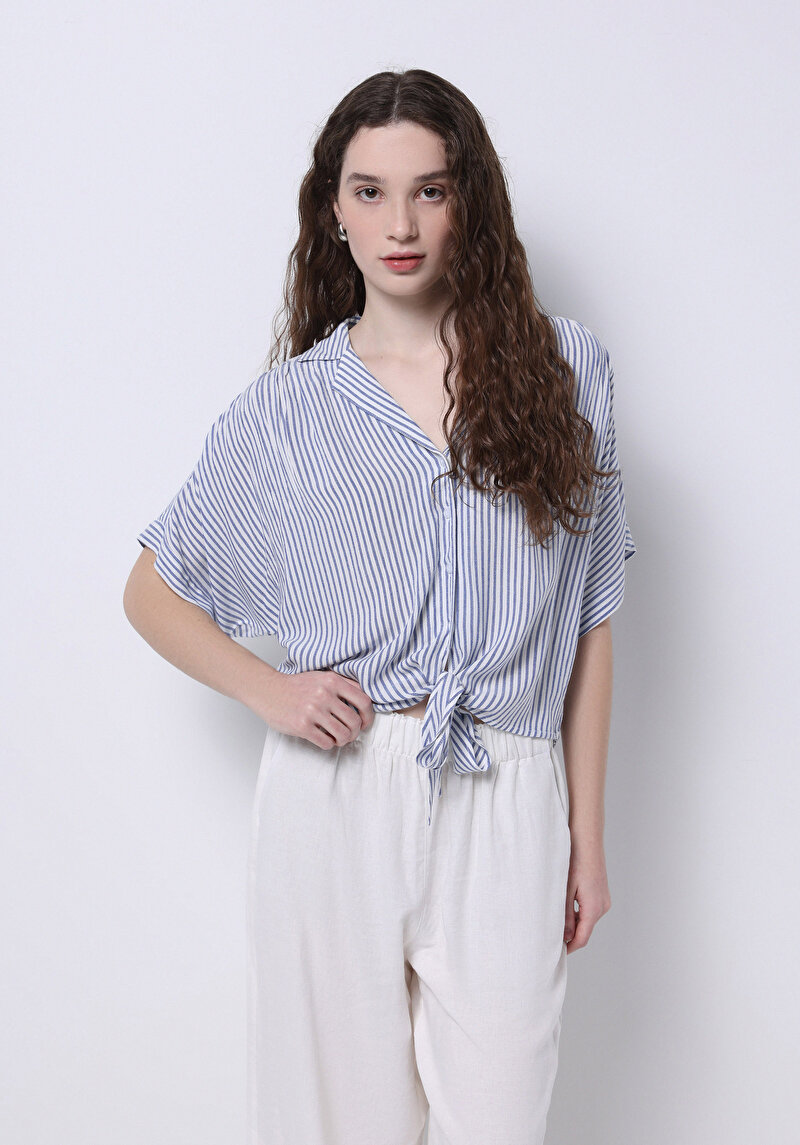 Regular Fit Shirt Neck Çizgili Kadın Mavi Kısa Kol Gömlek