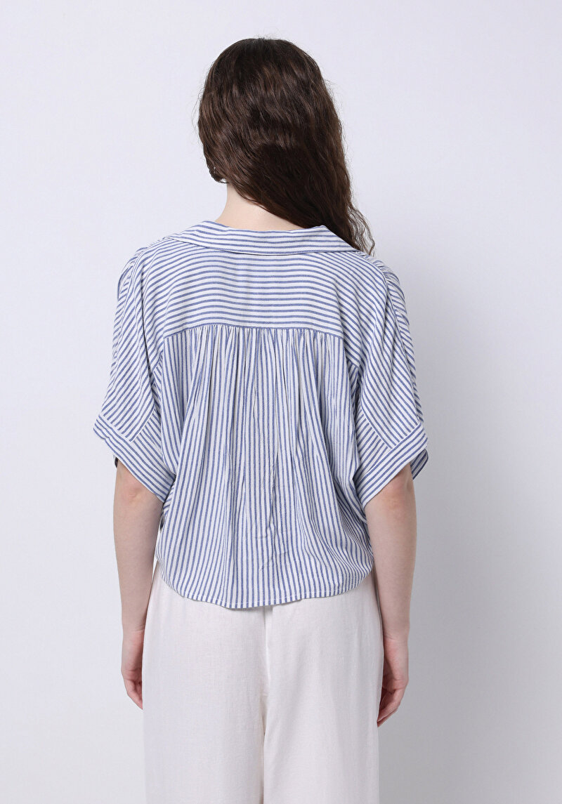 Viskozlu Regular Fit Shirt Neck Çizgili Kadın Mavi Kısa Kol Gömlek