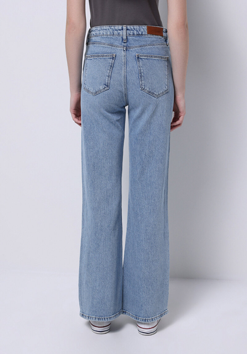 Regular Fit Yüksek Bel Geniş Paça Kadın İndigo Jean Pantolon