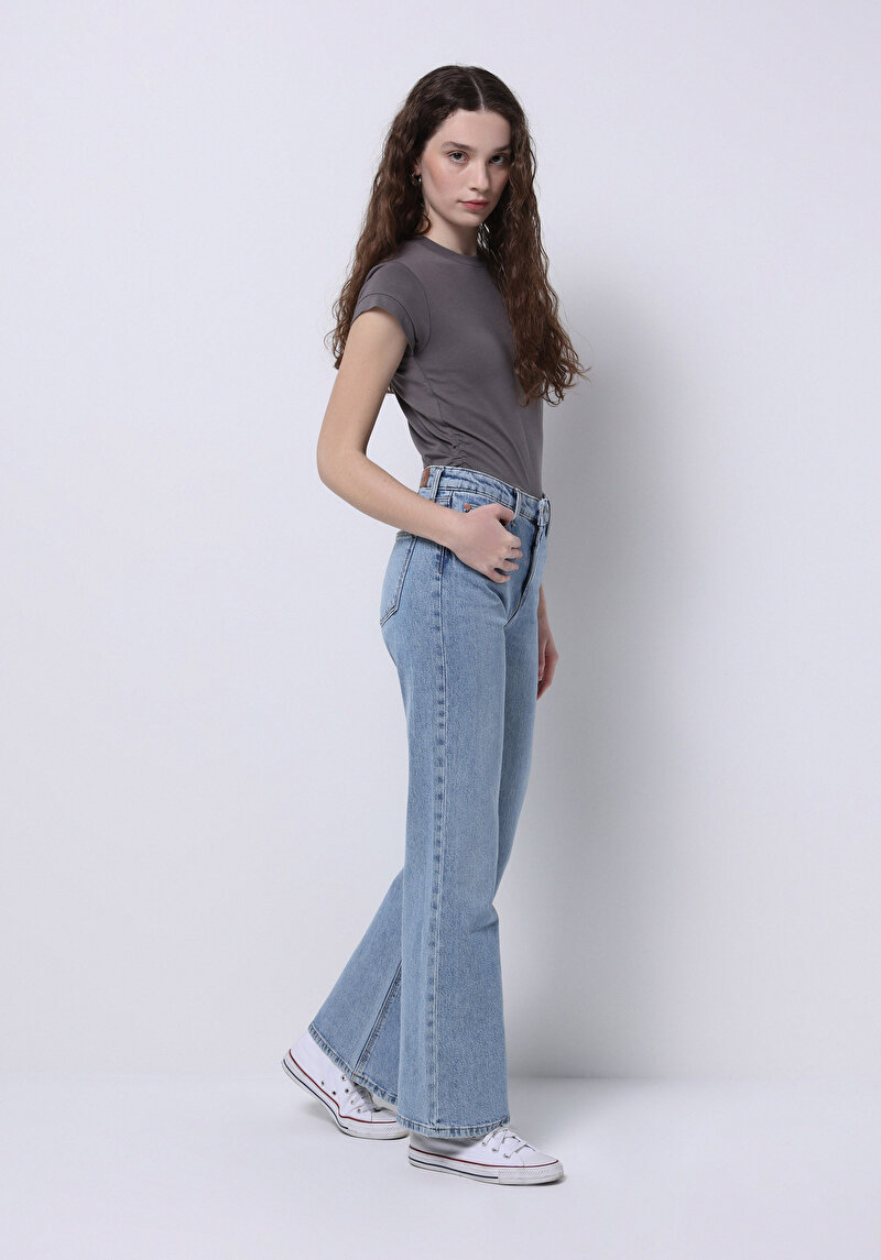 Regular Fit Yüksek Bel Geniş Paça Kadın İndigo Jean Pantolon