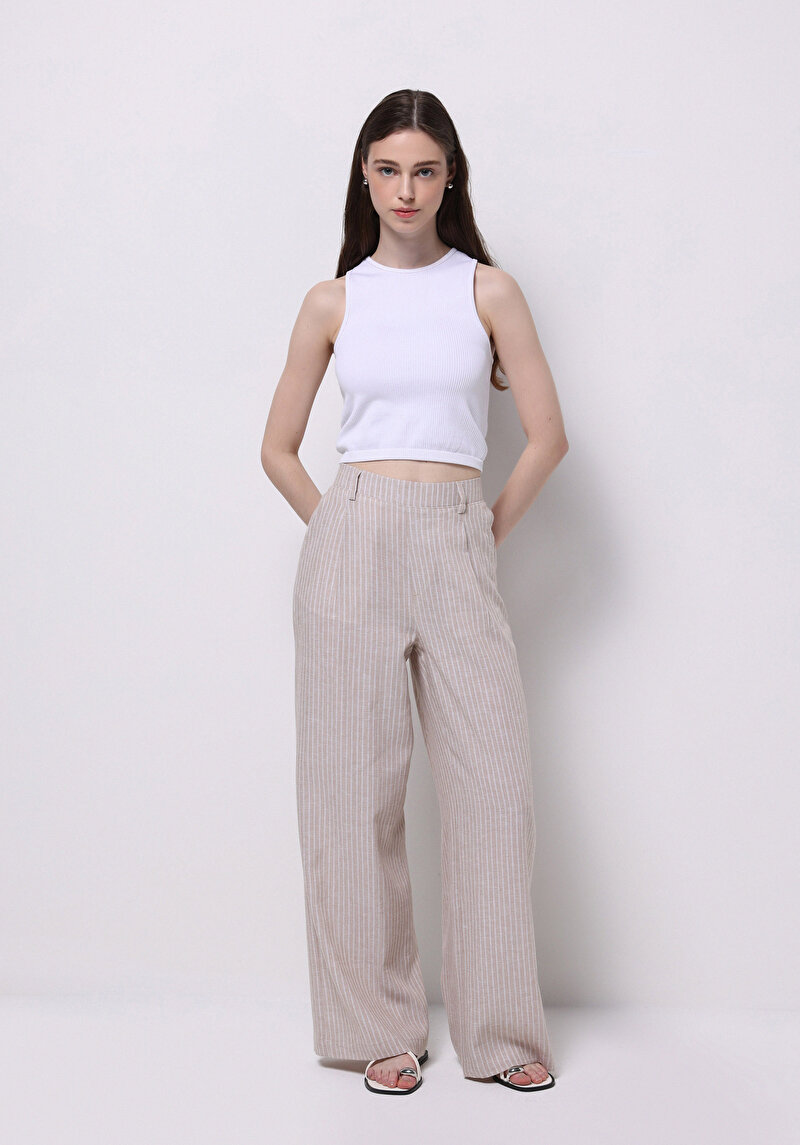 Straıght Fıt Düşük Bel Geniş Paça Kadın Bej Pantolon