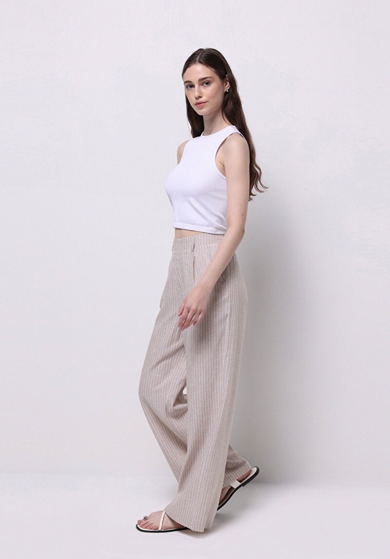 Straıght Fıt Düşük Bel Geniş Paça Kadın Bej Pantolon