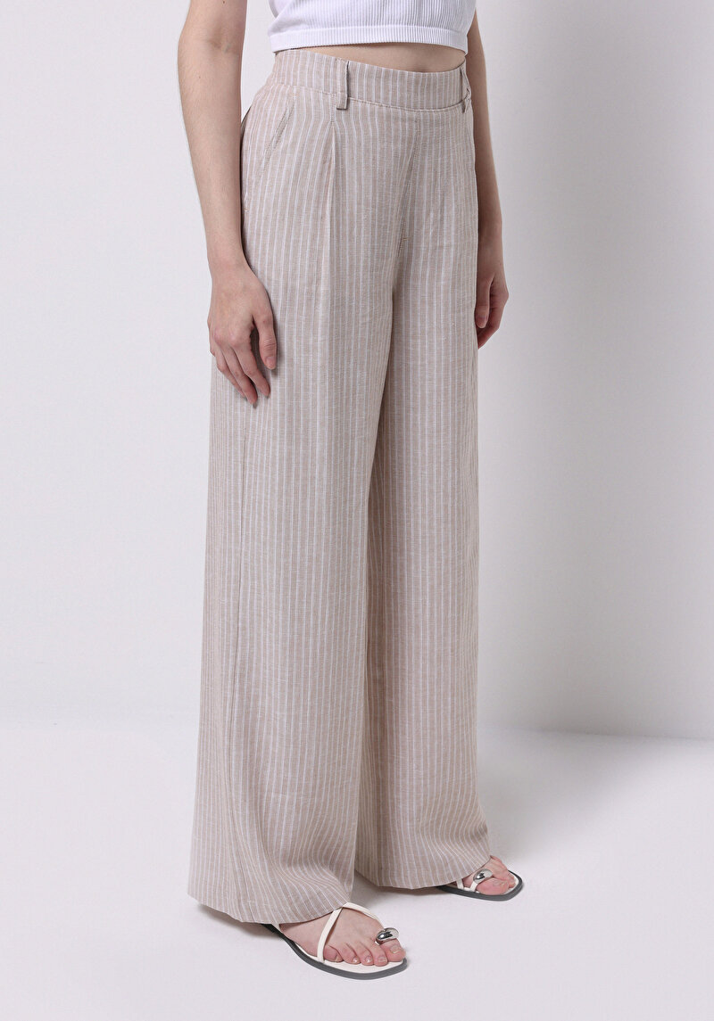 Straıght Fıt Düşük Bel Geniş Paça Kadın Bej Pantolon