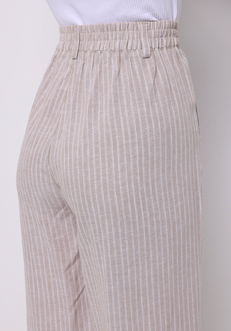 Straıght Fıt Düşük Bel Geniş Paça Kadın Bej  Pantolon