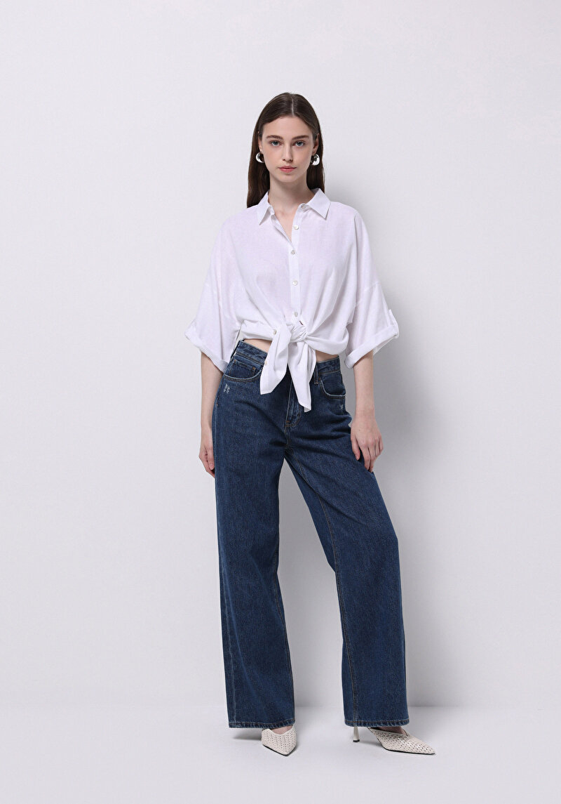 Relax Fit Cepsiz Shirt Neck Düz Kadın Beyaz Roll-up Gömlek