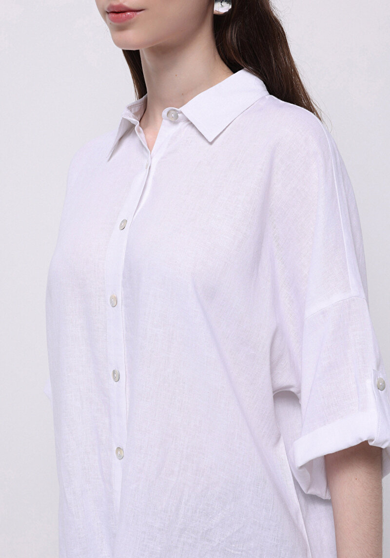 Relax Fit Cepsiz Shirt Neck Düz Kadın Beyaz Roll-up Gömlek