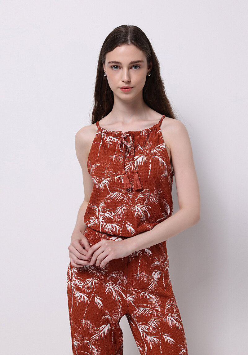 Regular Fit Çiçekli Kadın Kahverengi Askılı Elbise