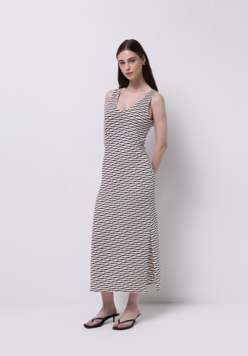 Regular Fit Çizgili Kadın Ekru Askılı Elbise