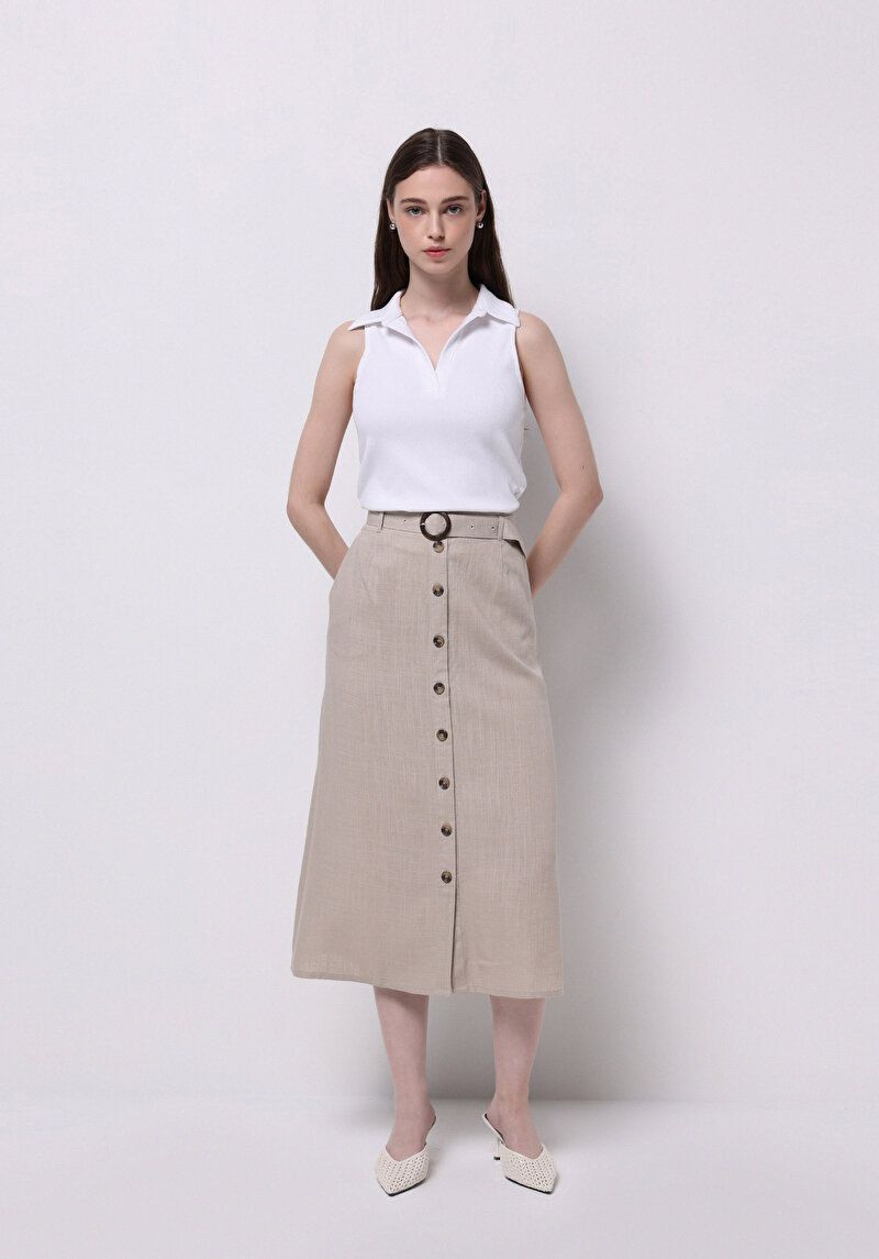 Midi Düz Düğmeli Kadın Bej Etek