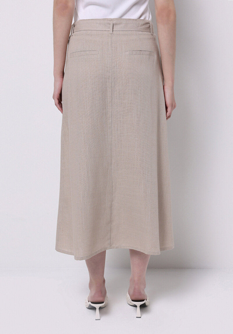 Midi Düz Düğmeli Kadın Bej Etek