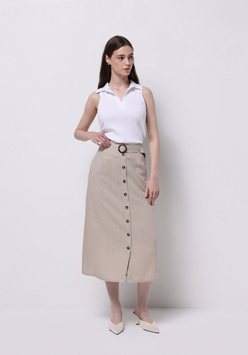 Midi Düz Düğmeli Kadın Bej Etek