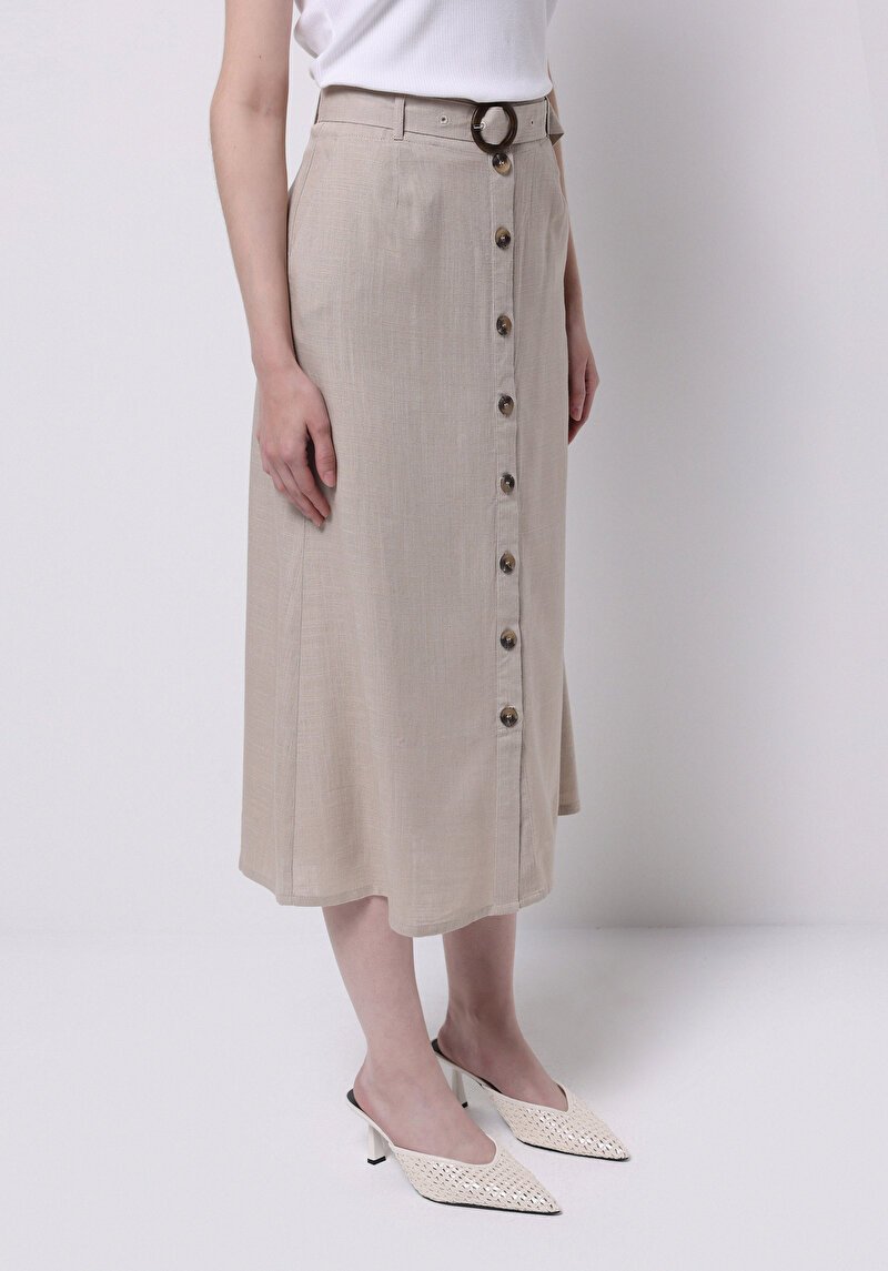 Midi Düz Düğmeli Kadın Bej Etek