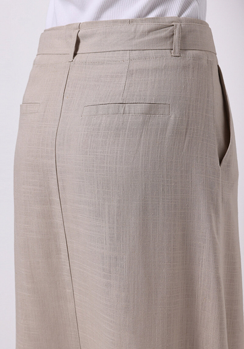 Midi Düz Düğmeli Kadın Bej Etek
