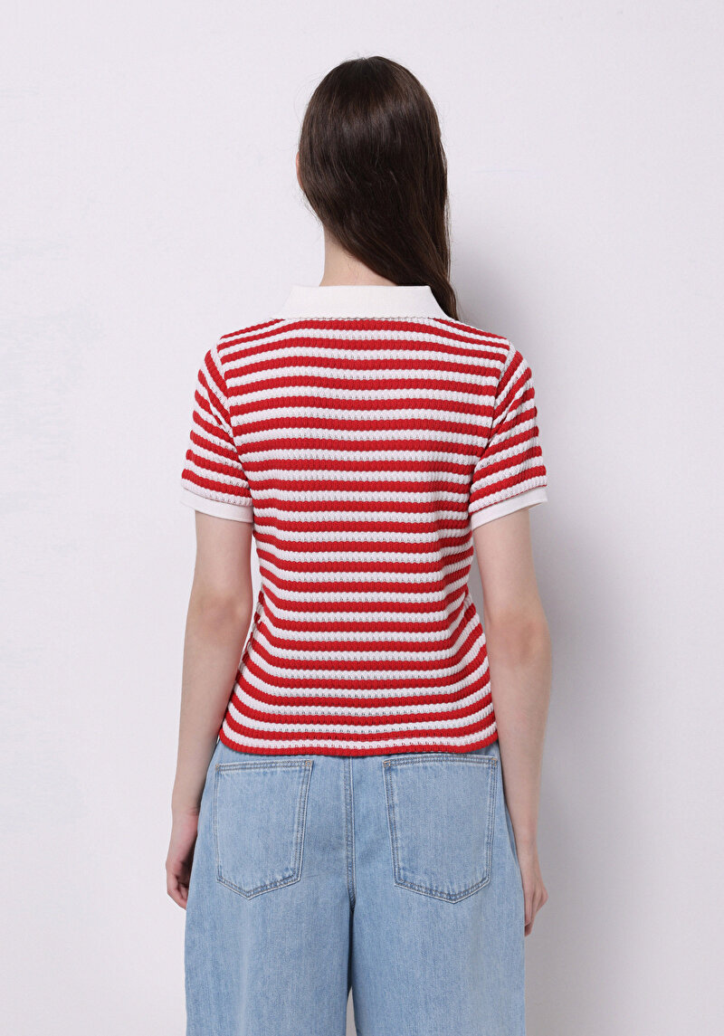 Slim Fit Polo Yaka Çizgili Kadın Kirmizi Kısa Kol Tişört