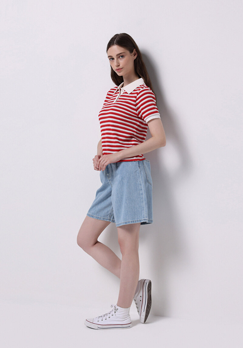 Slim Fit Polo Yaka Çizgili Kadın Kirmizi Kısa Kol Tişört