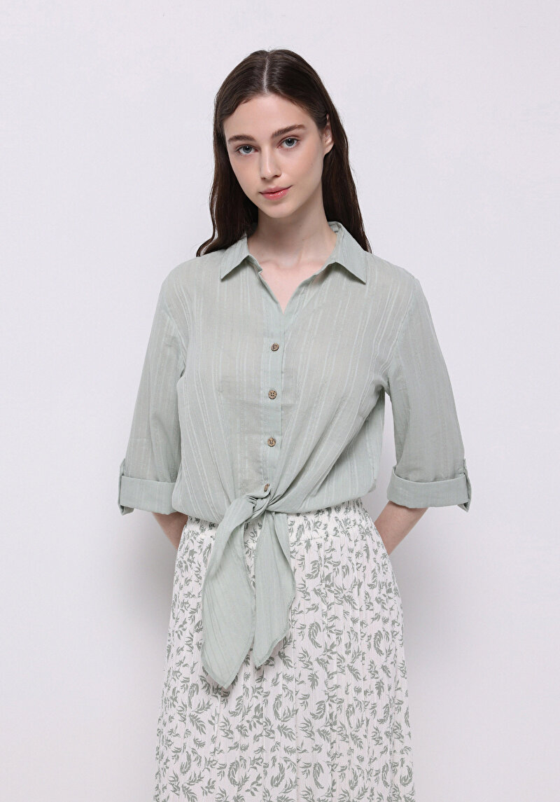 Regular Fit Shirt Neck Düz Kadın Yeşil Roll-up Gömlek