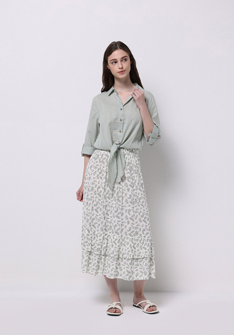 Regular Fit Shirt Neck Düz Kadın Yeşil Roll-up Gömlek