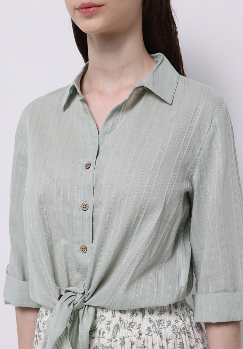 Regular Fit Shirt Neck Düz Kadın Yeşil Roll-up Gömlek