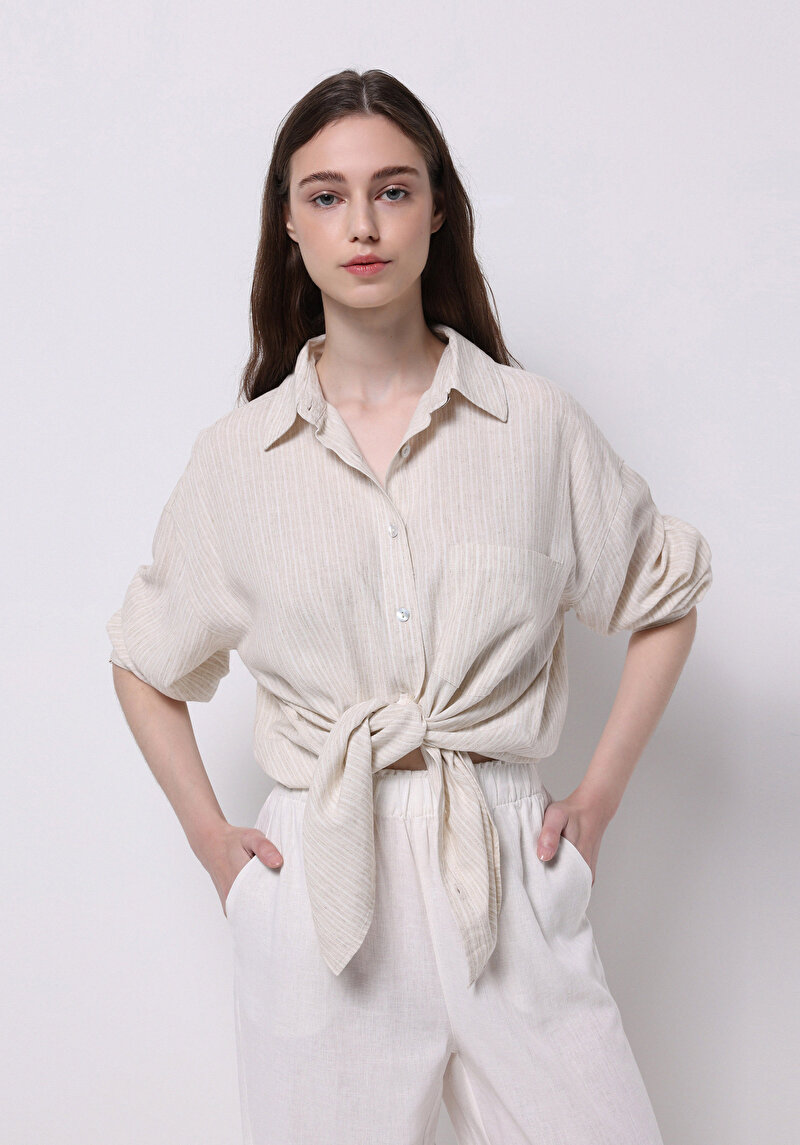 Regular Fit Shirt Neck Çizgili Kadın Bej Uzun Kol Gömlek