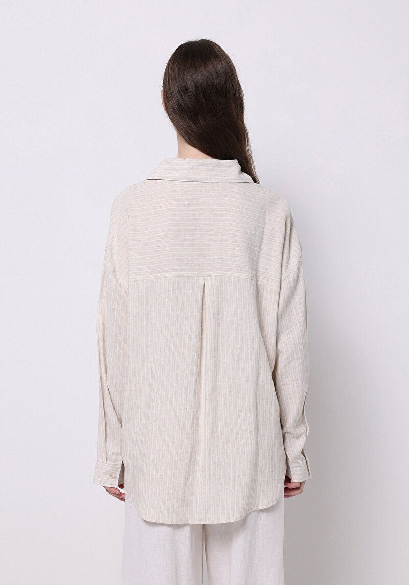 Regular Fit Shirt Neck Çizgili Kadın Bej Uzun Kol Gömlek