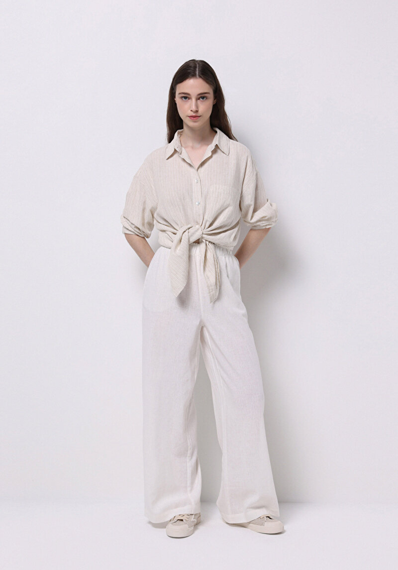 Regular Fit Shirt Neck Çizgili Kadın Bej Uzun Kol Gömlek