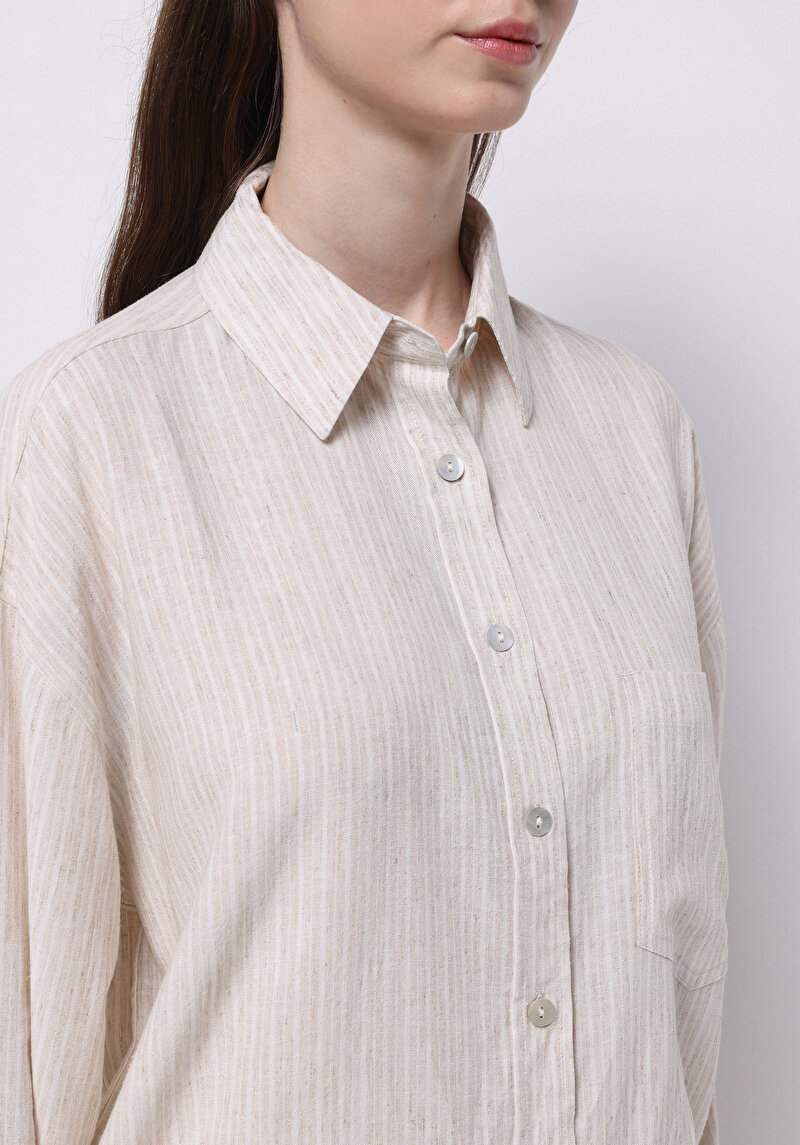 Regular Fit Shirt Neck Çizgili Kadın Bej Uzun Kol Gömlek