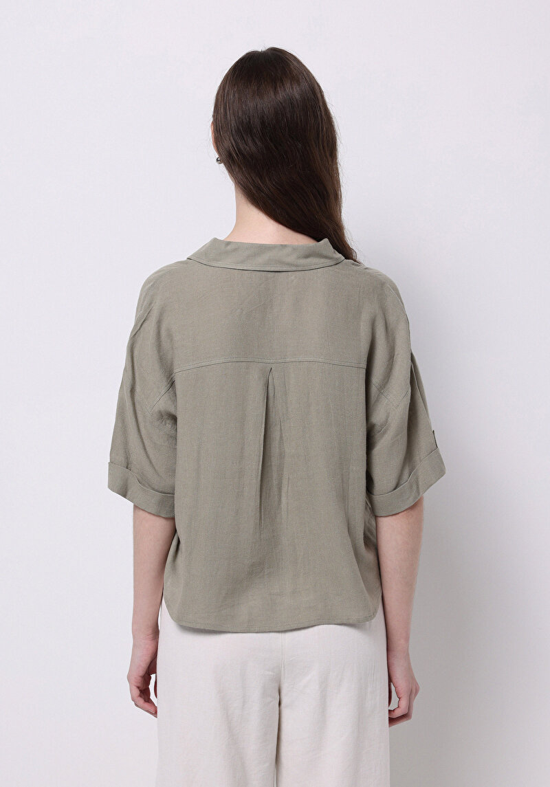 Regular Fit Shirt Neck Cepli Düz Kadın Yeşil Kısa Kol Gömlek