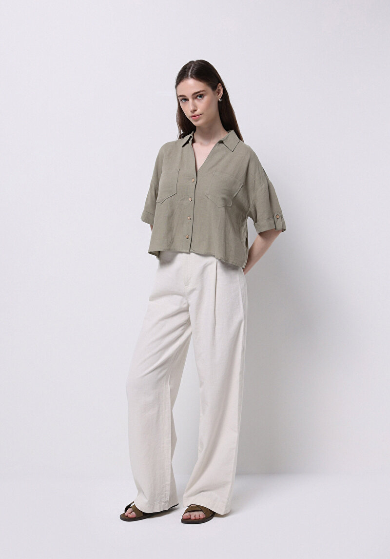 Regular Fit Shirt Neck Cepli Düz Kadın Yeşil Kısa Kol Gömlek