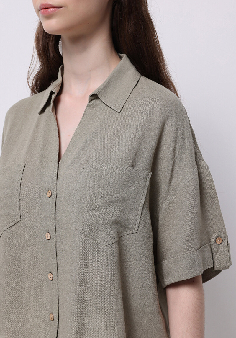 Regular Fit Shirt Neck Cepli Düz Kadın Yeşil Kısa Kol Gömlek