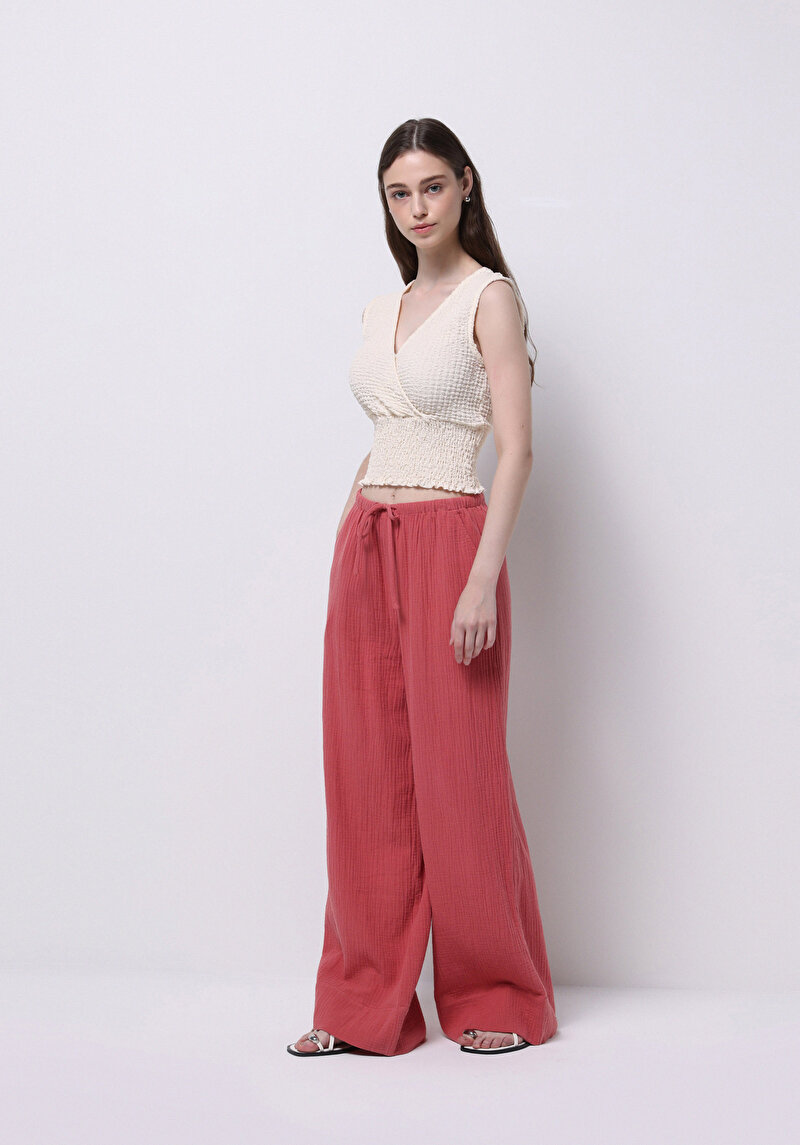 Regular Fit Yüksel Bel Geniş Paça Kadın Pembe Pantolon