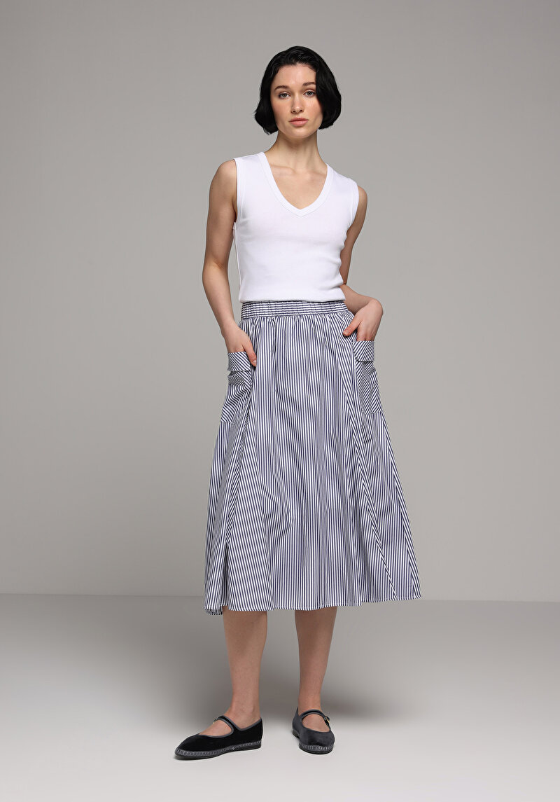 Midi Çizgili Kadın Lacivert Etek