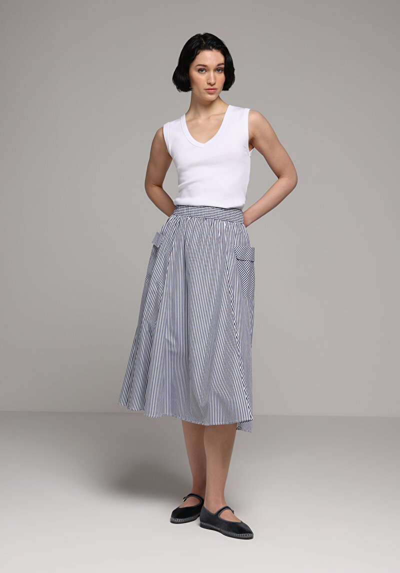 Midi Çizgili Kadın Lacivert Etek