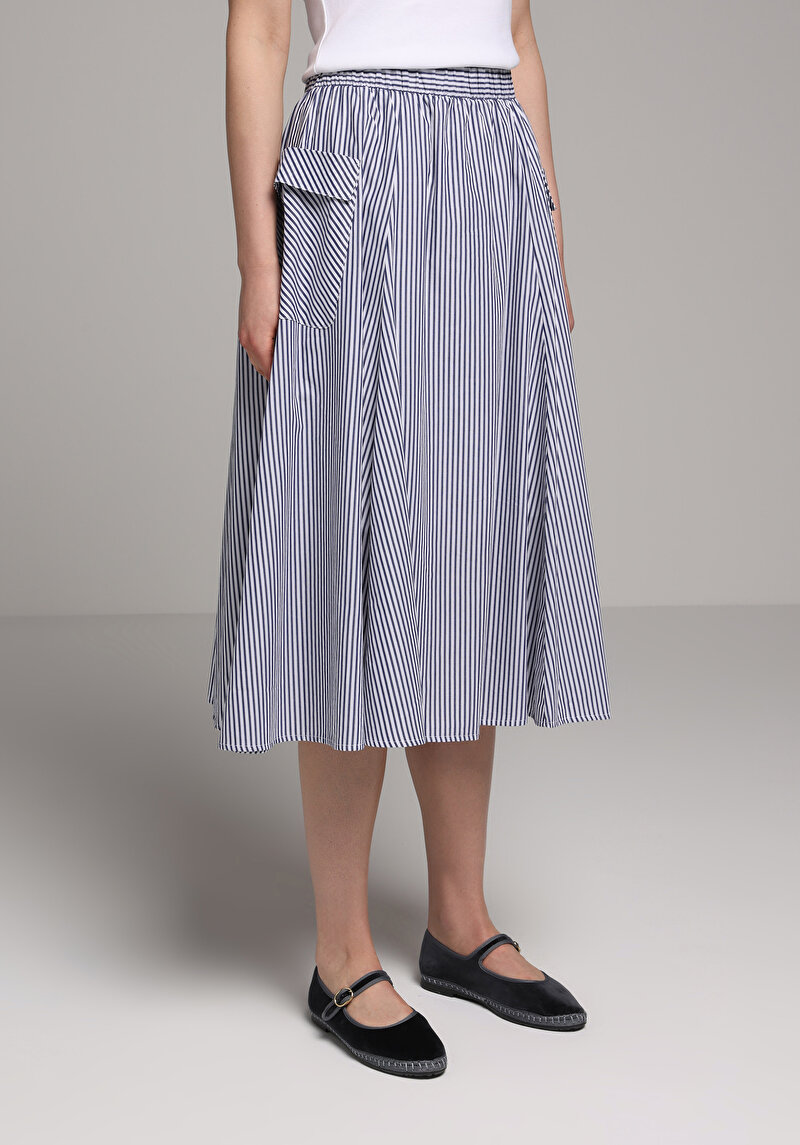 Midi Çizgili Kadın Lacivert Etek