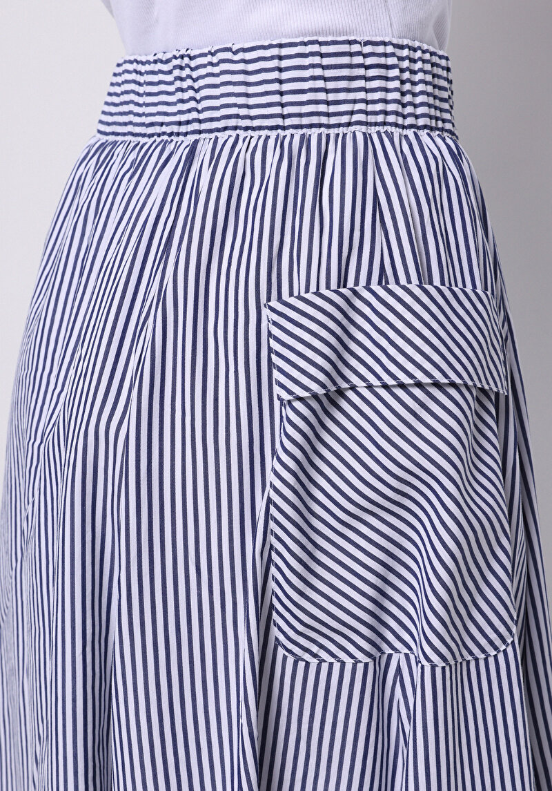 Midi Çizgili  Kadın Lacivert Etek