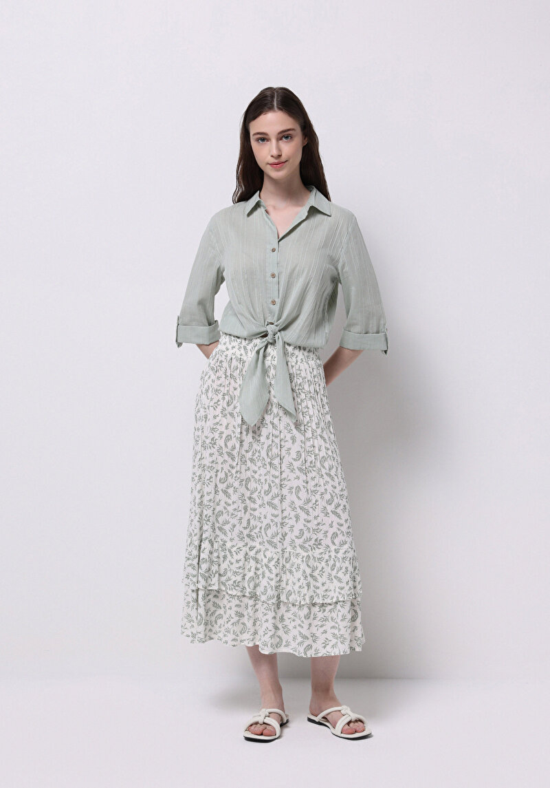 Maxi Length Baskılı Kadın Ekru Etek