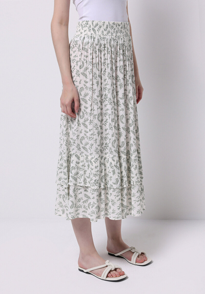 Maxi Length Baskılı Kadın Ekru Etek