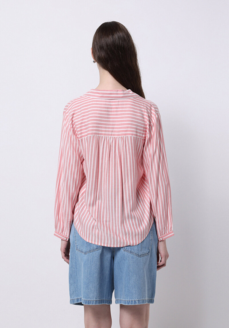 Regular Fit Shirt Neck Çizgili Kadın Kirmizi Uzun Kol Gömlek