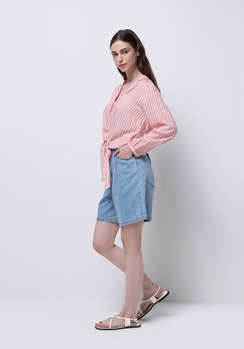 Regular Fit Shirt Neck Çizgili Kadın Kirmizi Uzun Kol Gömlek