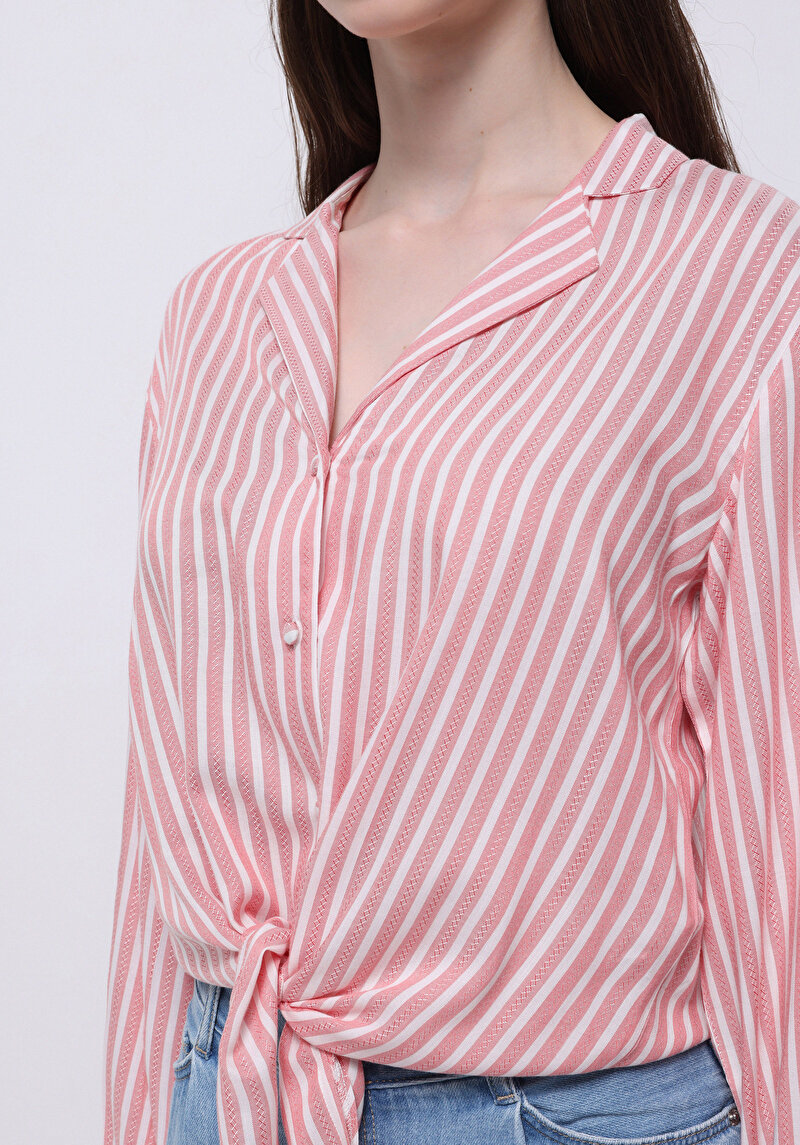 Regular Fit Shirt Neck Çizgili Kadın Kirmizi Uzun Kol Gömlek