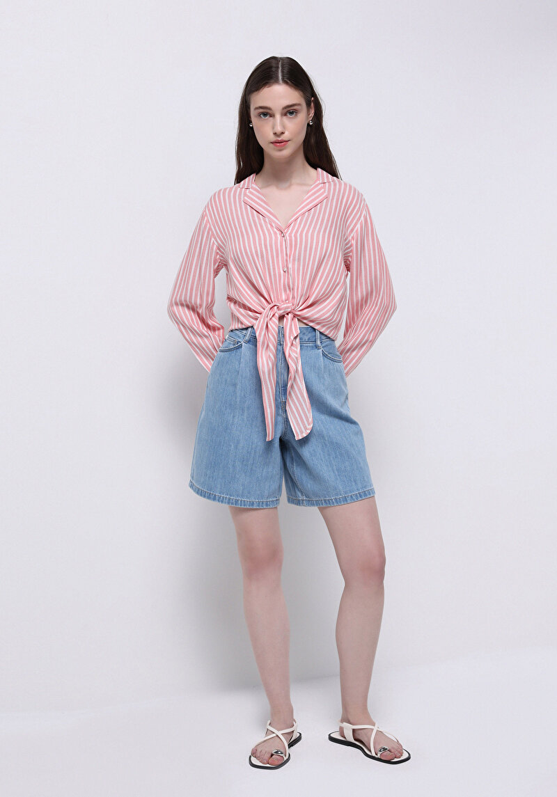 Loose Fit Yüksek Bel Düz Kadın Light İndigo Cepli Denim Jean Şort